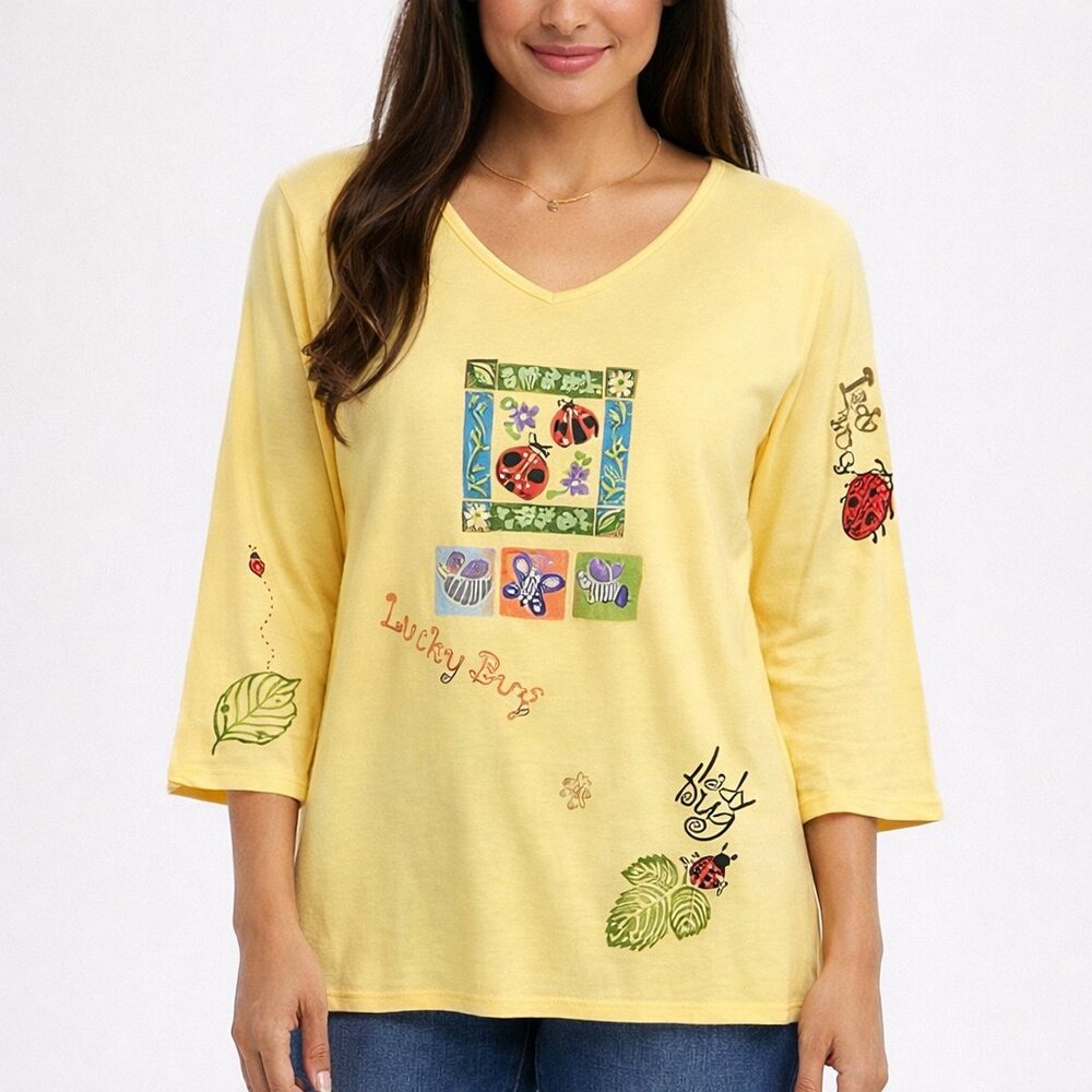 Jess & Jane Womens Lady Bugs Top Sz XL 100% Cotton Embelished Graphic Artsy